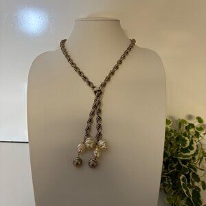 Vintage Gold-Tone Twisted Rope Faux Pearl Drop Tassel Necklace Lariat Bolo Slide